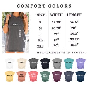 May include: Image of a gray t-shirt with size and color options. The shirt measurements are listed in inches: width from 18.25" to 26", and length from 26.6" to 31.6". Available colors include white, ivory, black, granite, and violet.