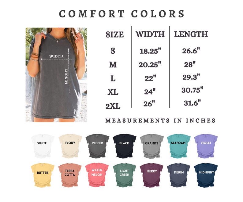 May include: Image of a gray t-shirt with size and color options. The shirt measurements are listed in inches: width from 18.25" to 26", and length from 26.6" to 31.6". Available colors include white, ivory, black, granite, and violet.