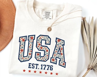 Comfort Colors® USA Est 1776, Patriotic Women Shirt, Floral USA Shirt,Summer Patriotic Shirt for Women,American Girl Shirt, Flower USA Shirt