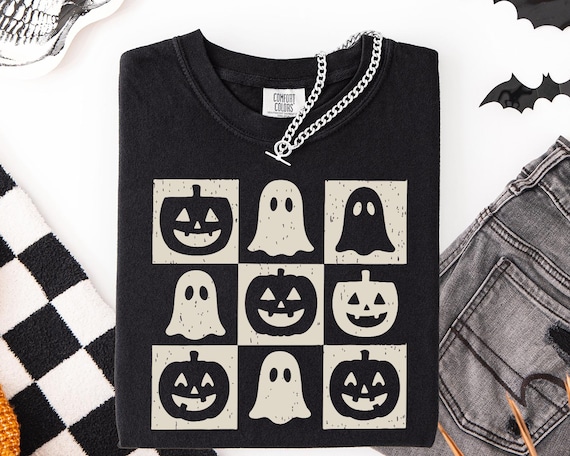 Comfort Colors® Checkered Halloween Shirt, Retro Ghost and Pumpkin Tee, Spooky Season Checkered Shirt, Cute Fall Halloween T-shirt
