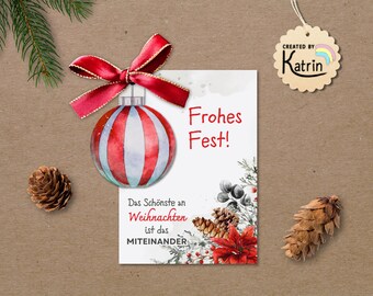 Biglietto di Natale stampabile | Modello per biglietto di auguri natalizio | Biglietto di auguri con pallina di Natale | Modello stampabile in formato PDF A4