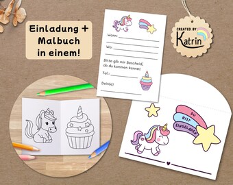 Invitación de unicornio para imprimir | Plantilla para colorear de unicornio para cumpleaños infantiles | Kit para colorear tarjetas de invitación | Plantilla para imprimir en PDF tamaño A4