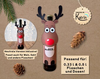 Printable Reindeer Bottle Wrap | Bottle Decoration Craft Template | Beer, Wine, Sparkling Wine Decoration for Christmas | A4 PDF Print Template