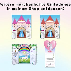 May include: Four printed invitation cards featuring fairy tale themes. Two cards show a castle with a princess, one card depicts a unicorn with a rainbow, and one card features a unicorn head with a heart shape. All cards include German text.
