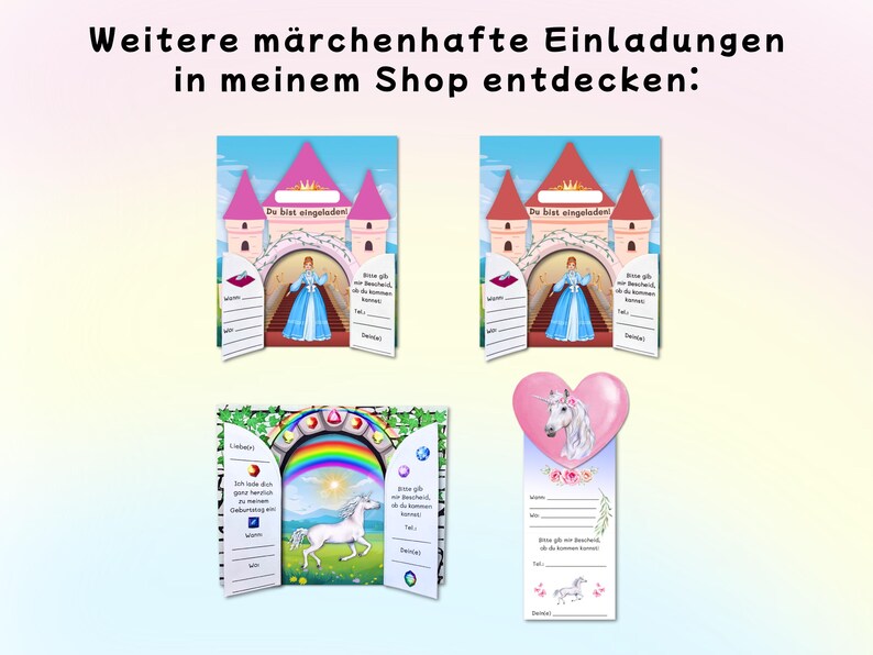 May include: Four printed invitation cards featuring fairy tale themes. Two cards show a castle with a princess, one card depicts a unicorn with a rainbow, and one card features a unicorn head with a heart shape. All cards include German text.
