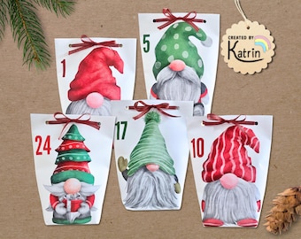 Printable Advent Calendar Bags | Fillable Advent Calendar Craft Template | Gnome Advent Calendar Craft Kit | A4 PDF Printable Template