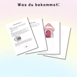 May include: A set of four printed instruction sheets with the text Was du bekommst at the top. The pages include German text titled Bastelanleitung, diagrams, and a colorful illustration of a pink mushroom house with a door and windows.
