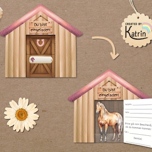 Op de afbeelding: Een uitnodigingskaart in de vorm van een schuur, met een roze dak en de tekst "Du bist eingeladen!". De kaart bevat een paardenillustratie en ruimte voor evenementdetails. Een label met "CREATED BY Katrin" is ook zichtbaar.