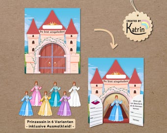 Invitación de princesa imprimible | Plantilla de manualidades para fiesta de cumpleaños de princesa | Kit de manualidades de castillo de cuento de hadas | Plantilla imprimible en PDF A4