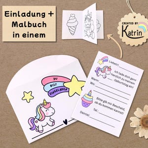 Unicorn invitation to print | Children&#39;s birthday craft template | Invitation and coloring book in one | A4 PDF printable template