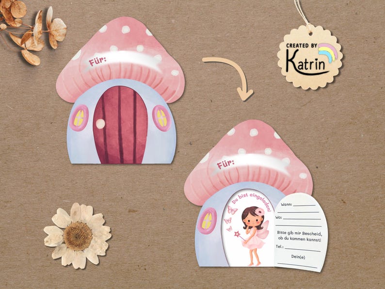 May include: Two mushroom-shaped invitation cards with pink spotted caps and light blue bases. One card is closed with the text "F&uuml;r:" and the other is open, revealing a fairy illustration, the text "Du bist eingeladen", and blank lines for event details.