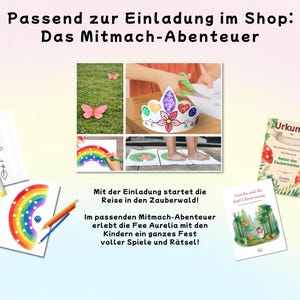 May include: A collection of printable activity sheets, a paper crown, a certificate, and a storybook titled Aurelia und die f&uuml;nf Glitzersteine. The materials feature rainbow illustrations, floral designs, and mushroom motifs, accompanied by scissors, glue, and colored pencils.