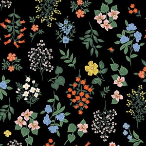May include: A black background with a repeating pattern of colorful flowers and leaves. The flowers are in shades of pink, blue, yellow, orange, and white. The leaves are green.