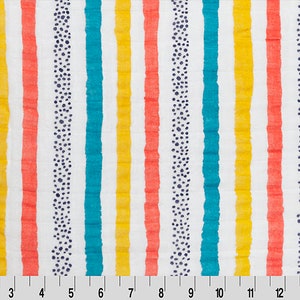Pode incluir: Tecido branco com listras verticais em amarelo, turquesa e coral. As listras são pontilhadas com pequenos círculos pretos.