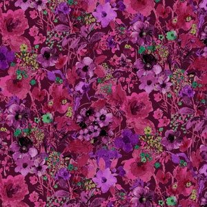 May include: A seamless pattern featuring a watercolor design of pink, purple, and green flowers on a dark burgundy background.