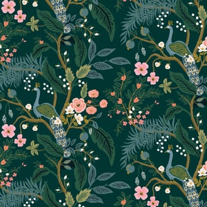 RP1000-HU1M Peacock - Hunter Metallic Fabric, Vintage Garden Collection, Apparel Fabric, Rifle Paper Co fabric, Cotton n Steel