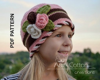 CROCHET Pattern, Beanie tutorial, Girl Crochet Hat,  Baby Toddler Child Adult sizes Lindsi Garden Hat #045