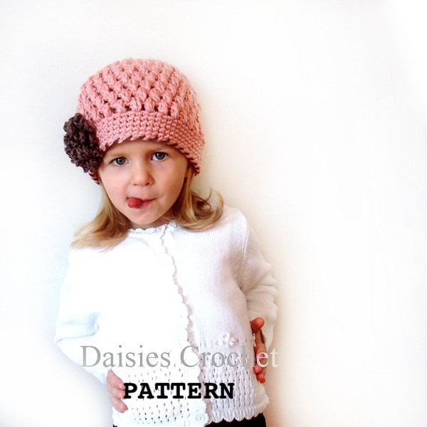 Crochet PATTERN Girl Beanie Hat with Flower. Puffer Hat. Christmas Birthday gift 7 sizes (017)