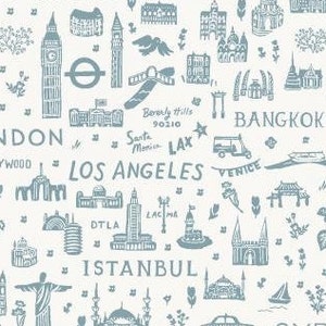 NEW World Traveler Silhouette Tessuto Blu, RP803-BL1 Cotone + Acciaio Rifle Paper Co, Collezione Bon Voyage, 100% Cotone Fine