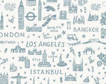 NEW World Traveler Silhouette Blue Fabric, RP803-BL1 Cotton+Steel Rifle Paper Co, Bon Voyage Collection, 100% Fine cotton