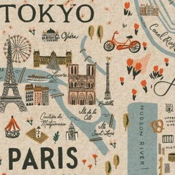 Last Fat Quarter 18"x22" City Guide Canvas, RP801-NA2UC Natural Unbliched Rifle Paper Co. Bon Voyage  Collection, Cotton+Steel  Upholstery