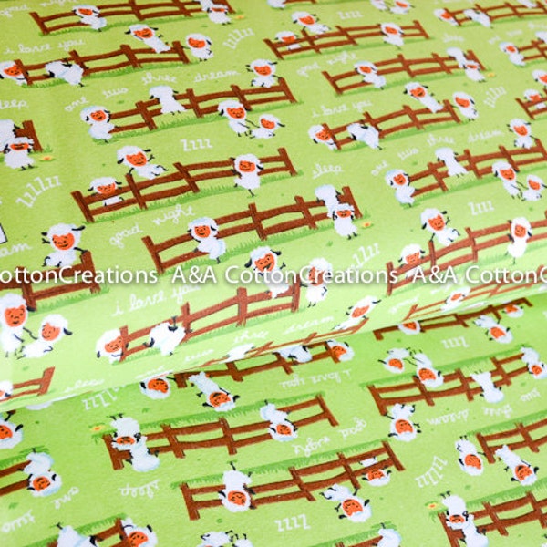 HARMONY FARM Sheep Dream Green Flannel fabric, kids flannel, Farm Pattern flannel, nursing room flannel, Girl boy pajamas, Basic Flannel