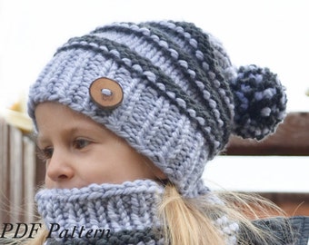 Knitting pattern. Venice Slouchy hat and cowl set. Toddler, child, adult sizes. Hand knit (037, 038)