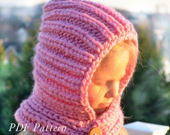 Knitting Hooded Cowl PATTERN. Knit scarf. Knit neck warmer pattern. Pixie hat. Baby, toddler, child, adult sizes.  Little Cuzine (043)