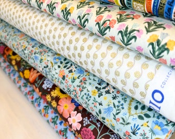 Curio collection bundle of 6 prints, floral cotton, floral cotton, blue burgundy cotton, Rifle Paper Co fabric, Cotton Steel