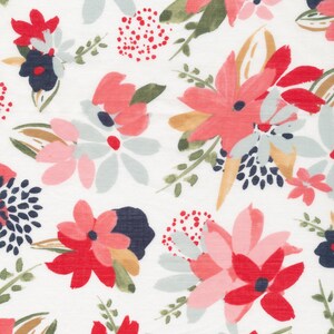 May include: White fabric with a floral pattern featuring pink, red, and blue flowers. The flowers are painted in a watercolor style and have a soft, romantic feel.