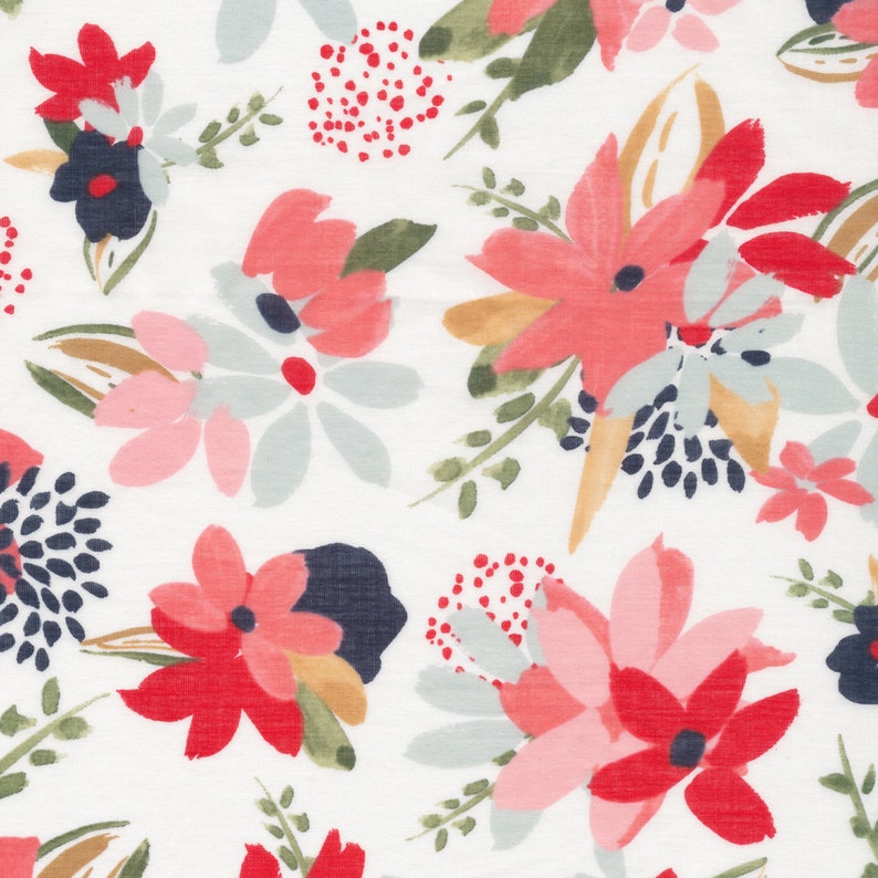 May include: White fabric with a floral pattern featuring pink, red, and blue flowers. The flowers are painted in a watercolor style and have a soft, romantic feel.