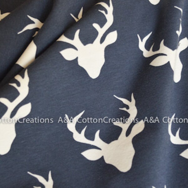 Stretch fabric, KNIT Cotton Fabric, Buck Forest Twilight in Knit, Dusty Navy Hello Bear, Jersey Fabric, Legging fabric