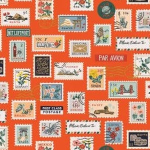 NEW Francobolli Arancione Tessuto Metallico, RP802-RE1M Cotone+ Acciaio Rifle Paper Co, Collezione Bon Voyage, 100% Cotone Fine, Tessuto Moderno