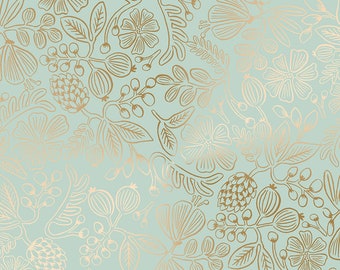 Rifle Paper Co, RP308-MI2M Primavera, Moxie Floral Mint Metallic Fabric, 100% quilting cotton, quilt weight fabric