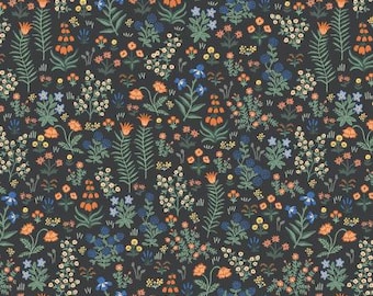 May include: A seamless pattern featuring a variety of colorful flowers and plants on a dark background. The pattern includes blue, orange, yellow, and green flowers.