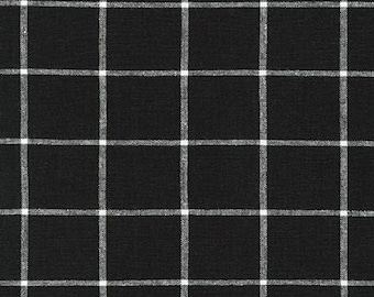 Essex Yarn Dyed Black Classic Wovens, 1.5" Black Plaid  Linen blend, Essex Wovens Plaid Fabric, Linen cotton fabric