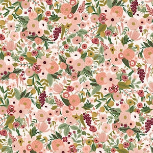 May include: A seamless pattern featuring a variety of pink, red, and green flowers and leaves on a white background. The floral design is intricate and detailed, with a variety of different flower shapes and sizes.