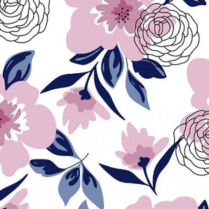 Flower Shower Embrace Muslin, Floral Muslin, White Navy Pink Double Gauze, 100% cotton Swaddle Fabric, scarf party napkins curtain fabric