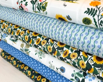 Curio collection bundle of 6 prints, floral cotton, sunflower cotton, green orange cotton, Rifle Paper Co fabric, Cotton Steel