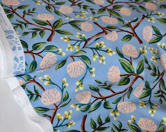 Wildwood RP102-DU3 -Peonies-Dusty Blue Fabric, Cotton+Steel Rifle Paper Co, Wildwood Collection, Flower Fabric