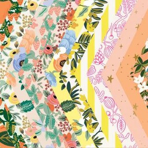 Puede incluir: Una colecci&oacute;n de papel de regalo Primavera de Rifle Paper Co. con patrones florales y geom&eacute;tricos en una variedad de colores, incluyendo rosa, azul, verde, amarillo y naranja.