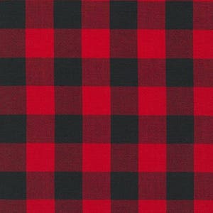 May include: Red and black plaid fabric with a checkered pattern.