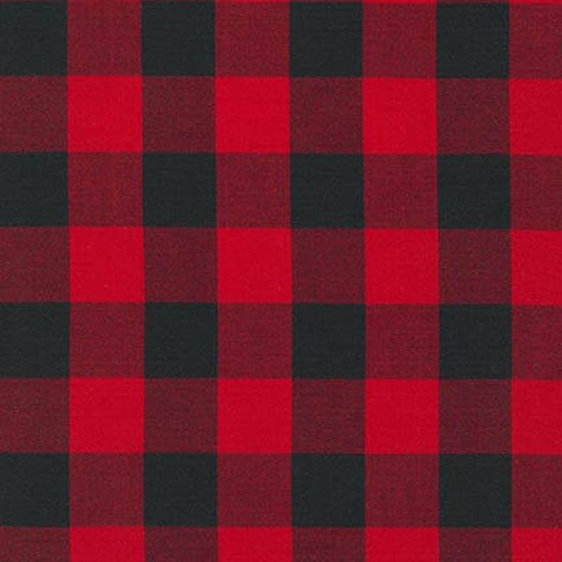 May include: Red and black plaid fabric with a checkered pattern.