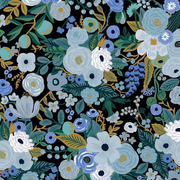 Garden Party Blue Fabric RP100-BL5, 100% fine cotton, quilt weight fabric, Cotton n Steel & Rifle Paper co