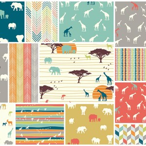 May include: A set of 16 digital seamless patterns featuring various animal silhouettes, including elephants, giraffes, and birds. The patterns are in a variety of colors, including teal, orange, yellow, and brown.