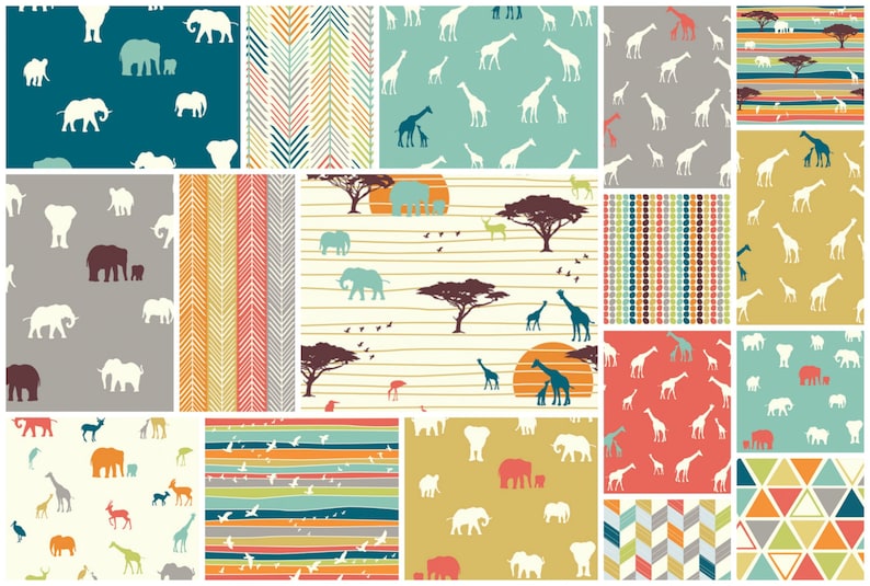 May include: A set of 16 digital seamless patterns featuring various animal silhouettes, including elephants, giraffes, and birds. The patterns are in a variety of colors, including teal, orange, yellow, and brown.