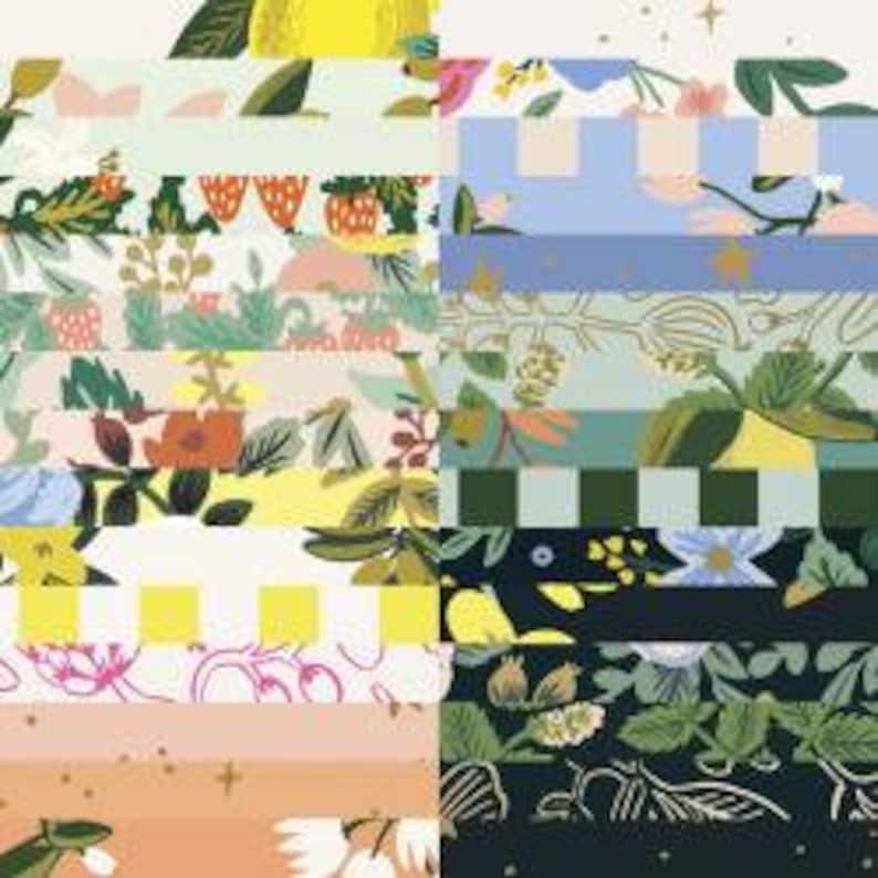 Puede incluir: Una colecci&oacute;n de 18 tiras de tela con varios patrones florales y geom&eacute;tricos en tonos de verde, azul, amarillo, rosa y blanco. Las tiras de tela est&aacute;n dispuestas en dos filas de nueve.