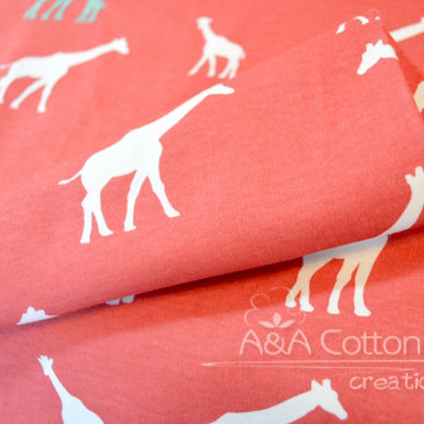 Last Piece-ORGANIC Fabric Interlock KNIT Certified Cotton, Birch fabric, Giraffe Fam Coral Knit textile from Serengeti  Interlock knits