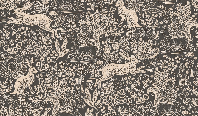 May include: A seamless pattern featuring a dark brown background with a repeating design of white rabbits, squirrels, and floral elements. The pattern is reminiscent of a woodblock print.