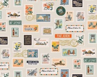 NEW Postage Stamps Flax Metallic Fabric, RP802-FL4M Cotton+Steel Rifle Paper Co, Bon Voyage Collection, 100% Fine cotton, Apparel Fabric